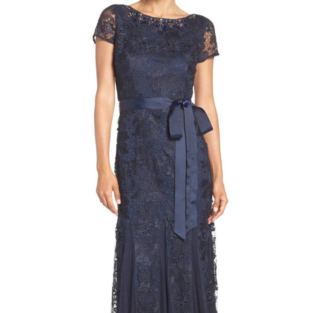 Adrianna Papell NEW Jewel Embellished Lace Gown with Mesh Godet Insets Dress🎉HP - Picture 3 of 9